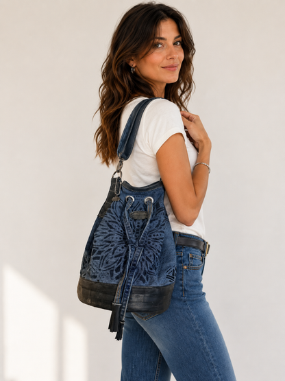 Denim Mandala Bucket Bag