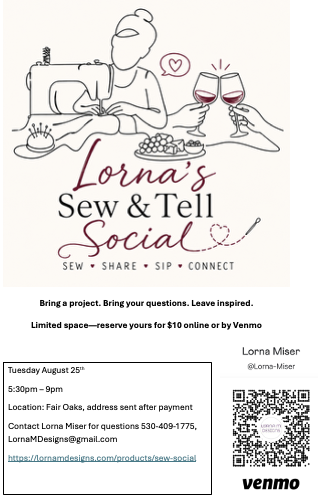 Lorna's Sew & Tell Social--Tuesday August 25th, 5:30-9pm