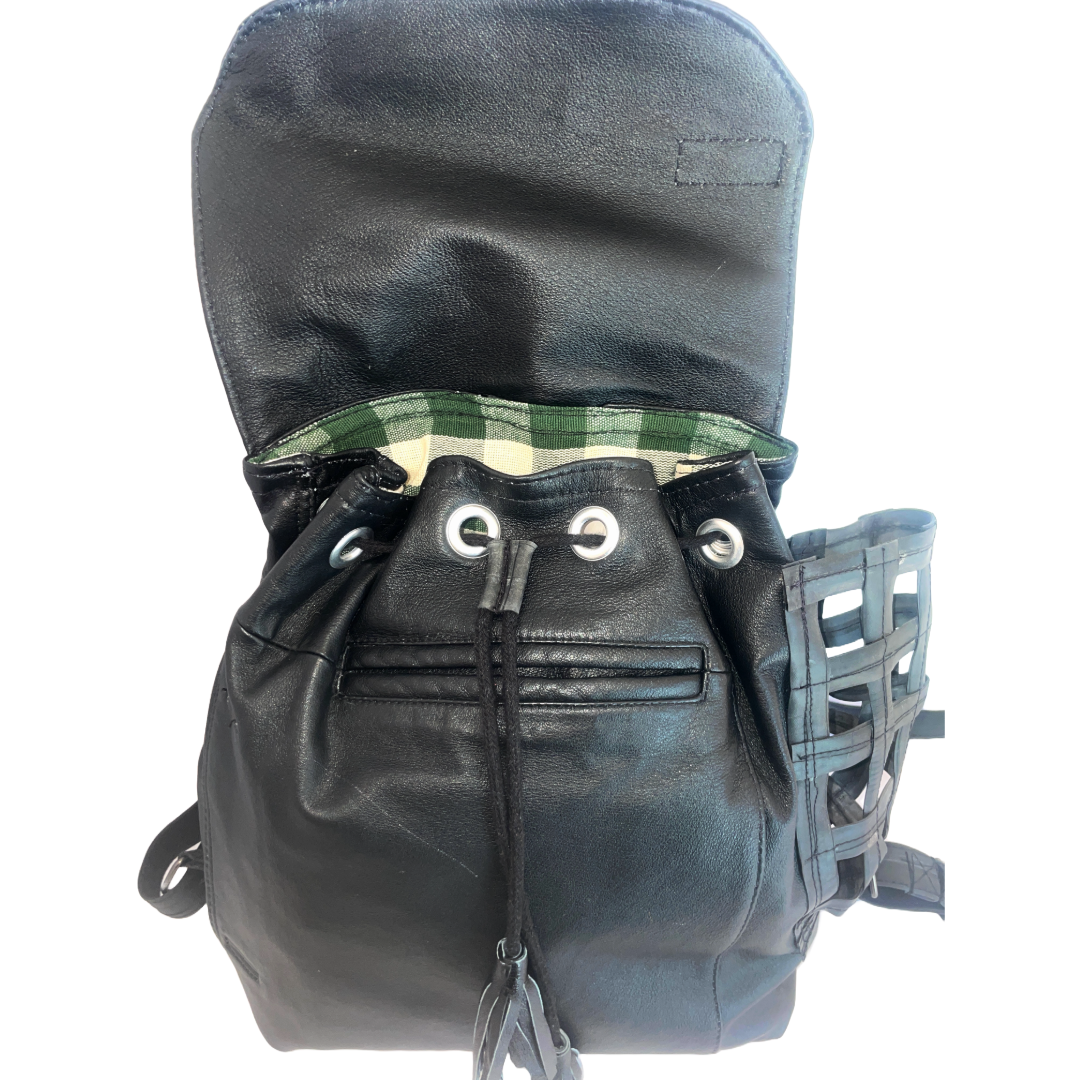 Black leather backpack made from a leather coat